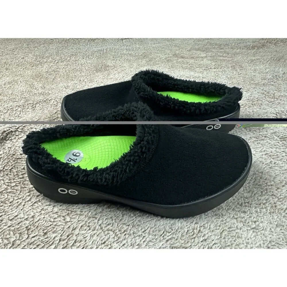 Oofos Oocoozie Black Mule Sherpa Fuzzy Recovery Slippers Men's Size 9.5 NWOB